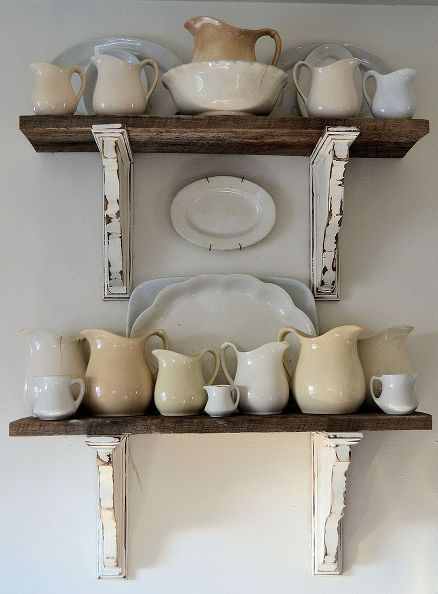 barn wood shelves with ironstone pitchers and platters