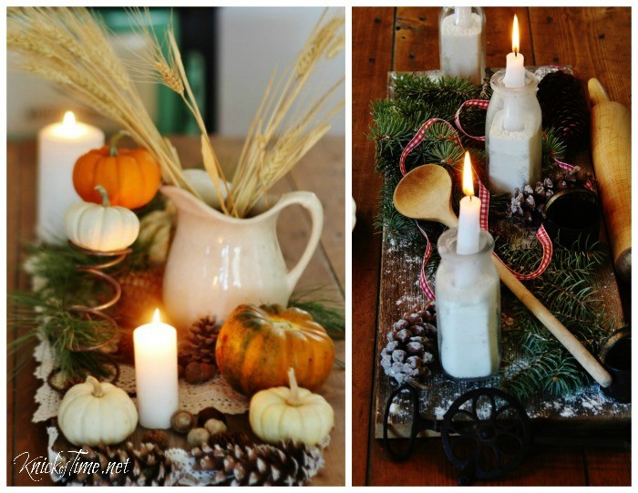 A weathered wood plank is the base for a rustic table centerpiece for Thanksgiving or Christmas - KnickofTime.net