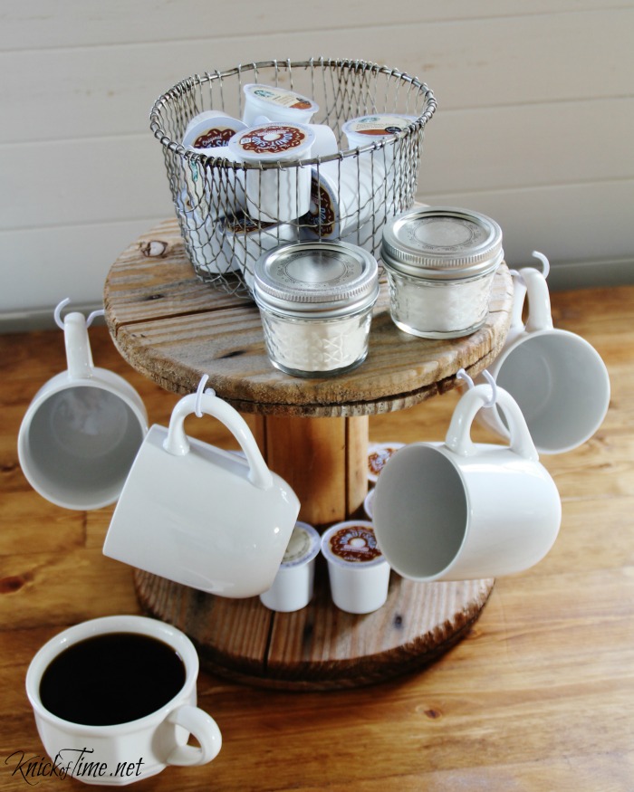 Turn a wooden cable spool into an organized and clutter free coffee station! - KnickofTime.net