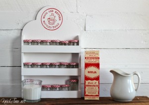 Upcycled thrift store spice rack with gingham lid jars and milk cap image transfer - KnickofTime.net