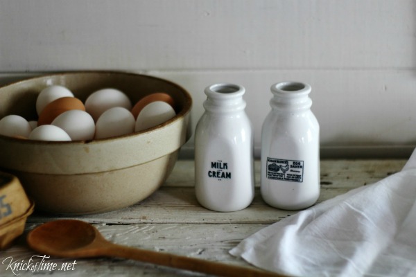 Ceramic white farmhouse milk bottles with vintage style graphics - Available from Knick of Time at KnickofTime.net
