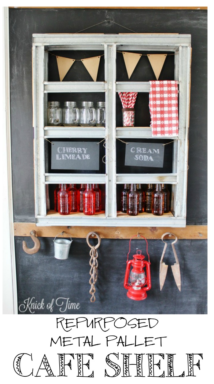 Repurpose a metal pallet into a soda bar or cafe display shelf - KnickofTime.net