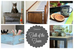 Featured at Talk of the Town: cat condo, industrial barn door gate, tree branch coasters, repurposed drawer caddy, rustic upcycled table - KnickofTime.net