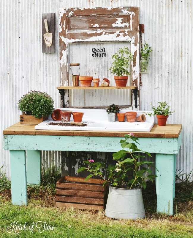 Repurposed antique table into farmhouse potting bench - www.knickoftime.net