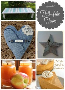 TotT 38 featured projects | repurposed frame pallet wood table, repurposed jeans stitched heart, spiked apple cider, no bake pumpkin cheesecake, reclaimed wood hearts | www.knickoftime.net
