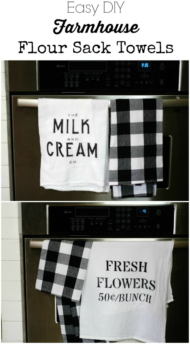 How to make easy DIY Farmhouse Style Flour Sack Towels Knick of Time Vintage Sign Stencils | www.knickoftime.net