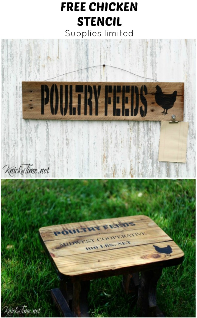 Get a free farmhouse chicken stencil with the purchase of Knick of Time's Feed Bag stencil. | www.knickoftime.net