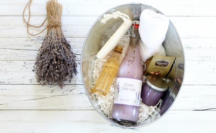DIY Lavender Theme Spa Gift Basket with Repurposed Bottle for Bubble Bath. Perfect for Mother's Day, Bridal Showers & Get Well Gifts! | www.knickoftime.net