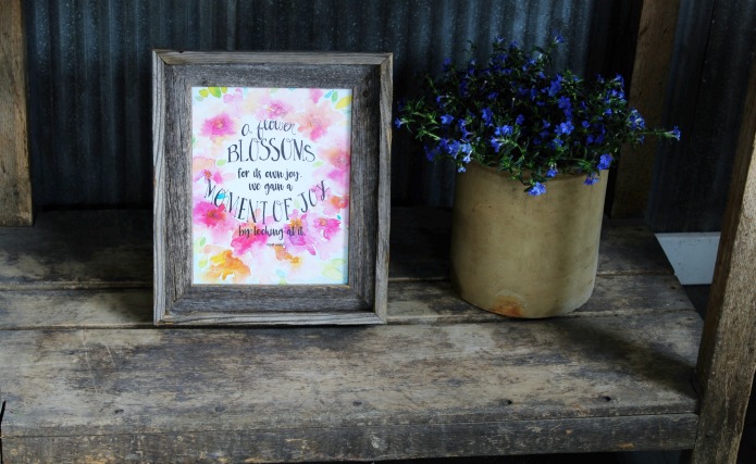 Simple watercolor artwork with a spring quote looks beautiful in a rustic barn wood frame | www.knickoftime.net