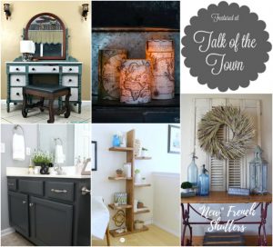 Featured at Talk of the Town | beautiful painted dresser, world map candles, painted bathroom cabinets, DIY standing open shelves and French farmhouse styled shutters | www.knickoftime.net