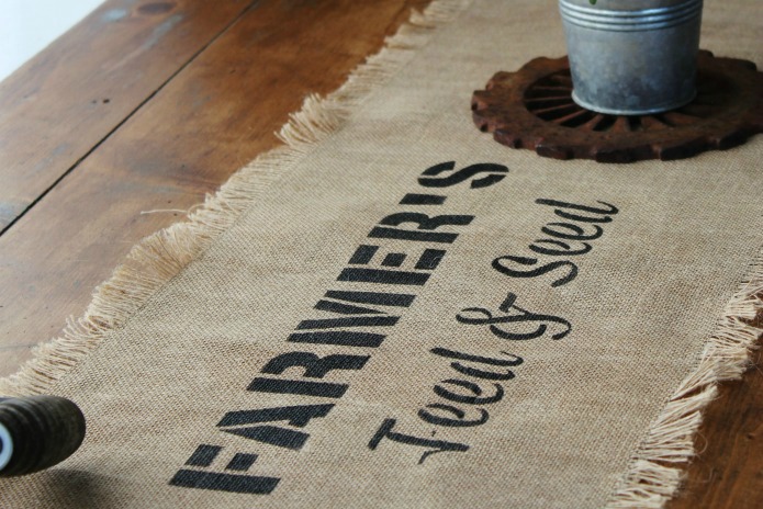 Rustic farmhouse style decor jute burlap farmhouse kitchen table runner stenciled with Vintage Sign Stencils | www.knickoftime.net