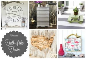 Oversize wood wall clock, Nail head trim furniture, Painted concrete floor, Driftwood United States map, Pink flamingo junk wall sign | featured at Talk of the Town #76 | www.knickoftime.net