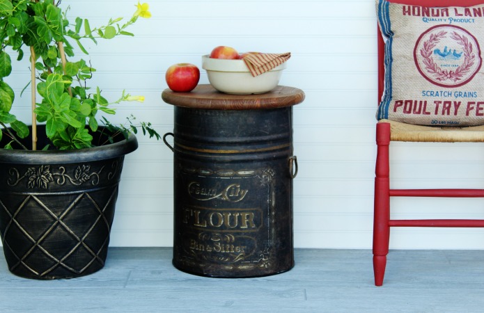 How to turn an antique metal flour bin into a farmhouse style side table by Knick of Time | www.knickoftime.net