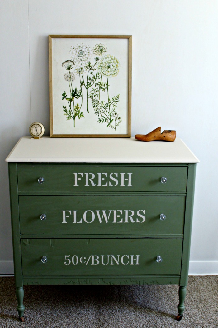 Spring Green Fresh Flowers Stenciled Dresser | www.knickoftime.net #knickoftime #vintagesignstencils
