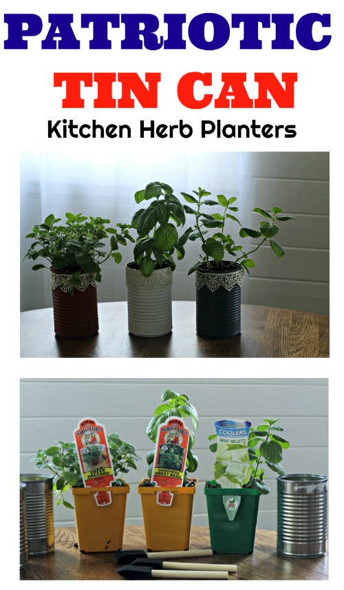 Make some Patriotic Tin Can Kitchen Herb Planters! A easy repurpose craft that looks beautiful! #KnickofTime #patriotic #repurposed #tincans #herbs #planters | www.knickoftime.net