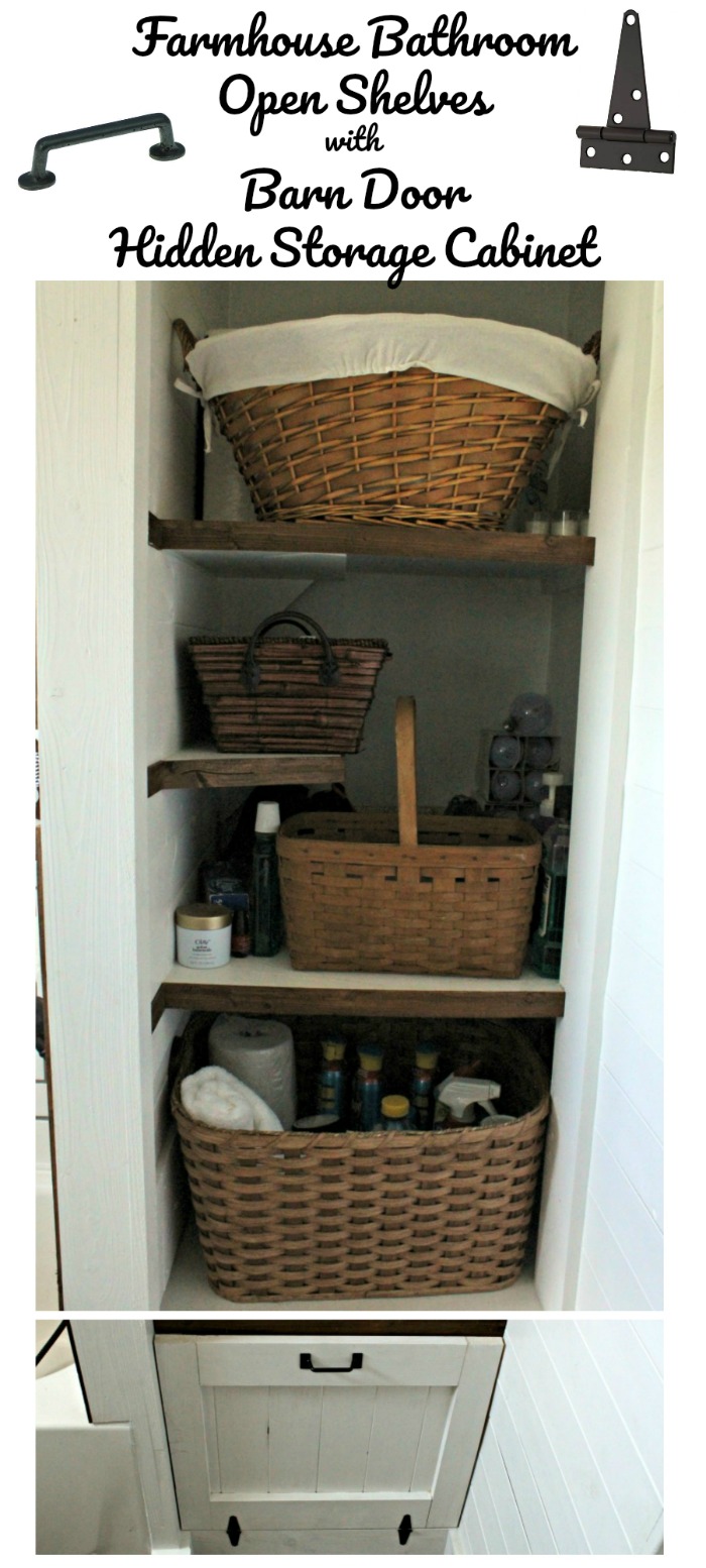 White Farmhouse Bathroom Open Shelves Barn Door Hidden Storage Cabinet | knickoftime.net