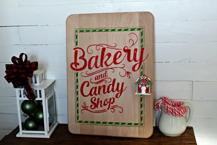Mrs Claus Bakery and Candy Shop on large wood cutting board made with Chalk Couture transfer by Knick of Time | knickoftime.net