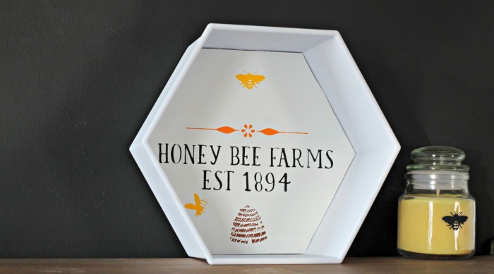 Dollar Tree DIY Modular Bee Hive Wall Shelf Upcycle using Chalk Couture's Sweeter Than Honey transfer by Knick of Time