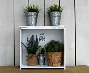 How to Make a Repurposed a Wood Drawer Plant Stand Shelf with a Chalk Couture silkscreen transfer by Knick of Time